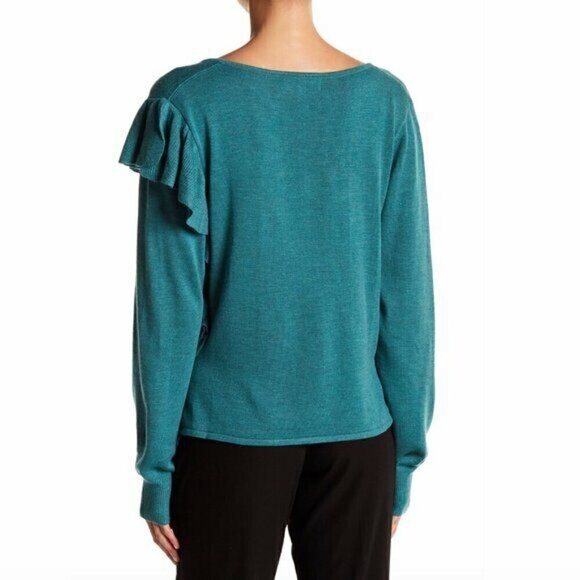 NEW JOHN JENN Asymmetrical Ruffle Sweater Teal Blue WOOL Etc Long Sleeve Medium - Picture 3 of 8